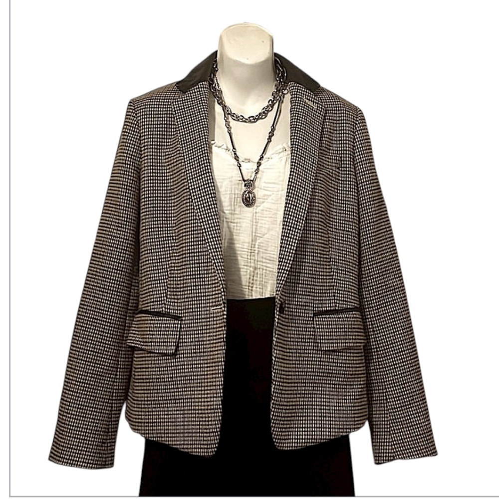 Club Monaco Plaid Checked Neutral Leather Collar Trim Blazer Jacket Sz 6
